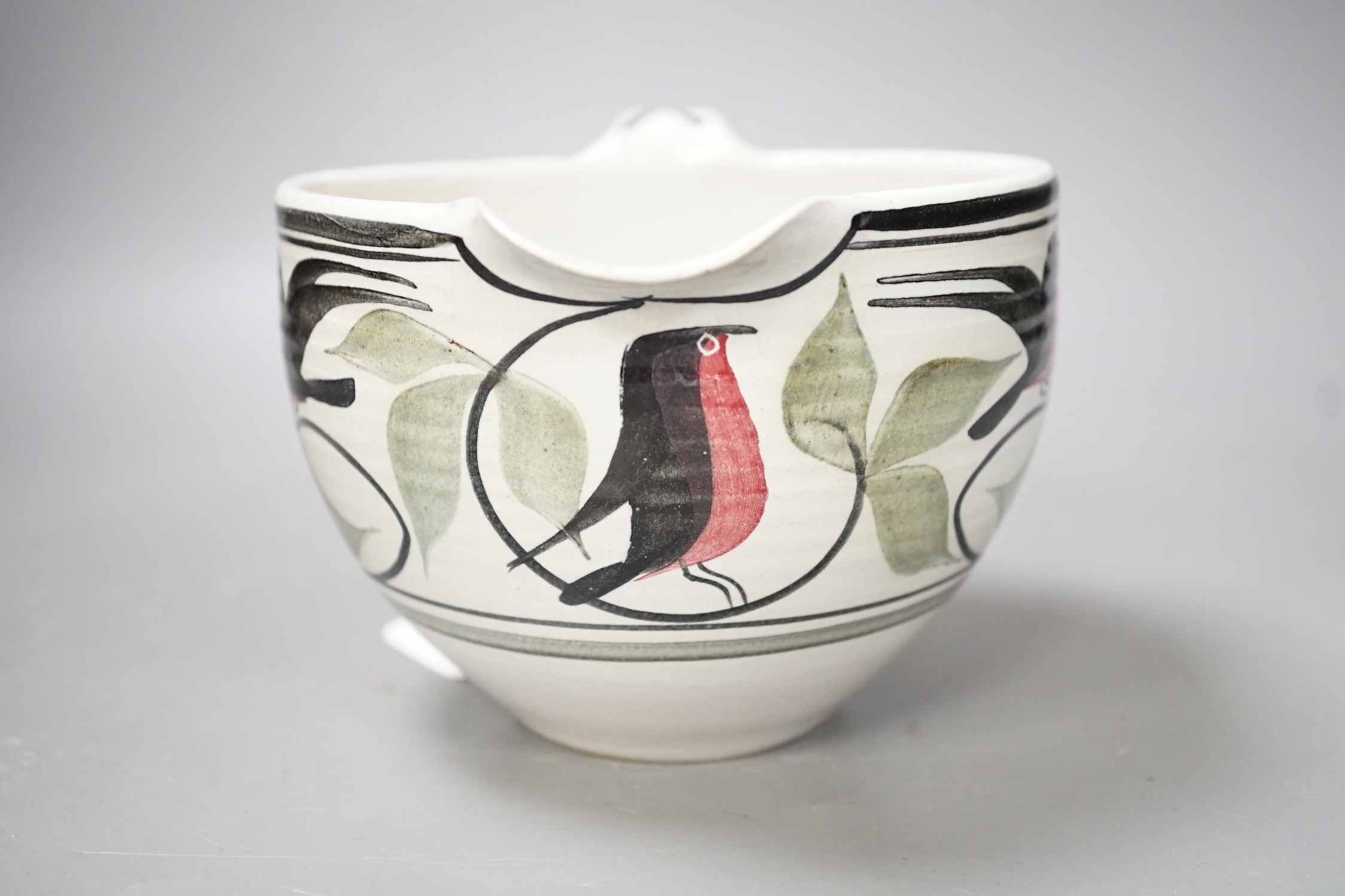 An Aldermaston pottery 'bird' jug. Width overall 20cm